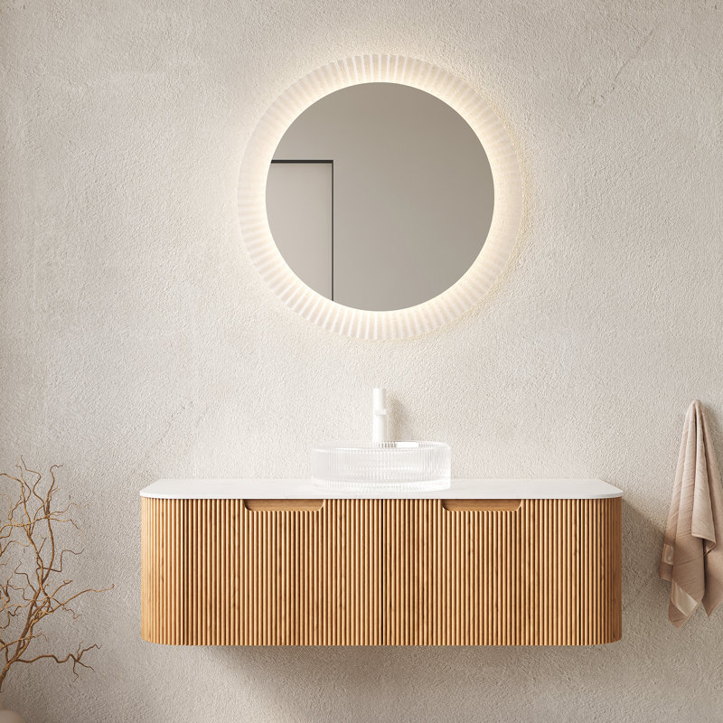 Meuble-lavabo 48 po avec lavabo rond en verre transparent, rangement en contreplaqué, 2 tiroirs, armoire de rangement naturelle à système de fermeture en douceur, grand