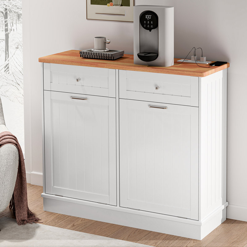 Armoire poubelle double inclinable 10 gallons avec prise de courant Havant, Blanc/naturel