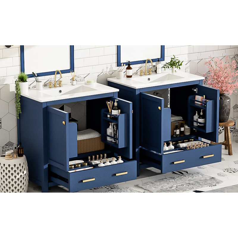 Armoire de salle de bain bleue 60 po avec lavabos doubles et style moderne - Transformez votre meuble-lavabo avec des tiroirs spacieux
