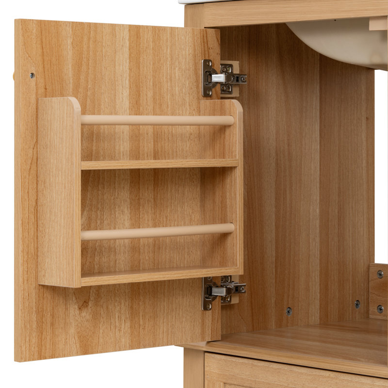 Meuble-lavabo de salle de bain avec lavabo en céramique, armoire de salle de bain autoportante avec grain de bois naturel, pieds en bois d'hévéa massif, portes et tiroirs à fermeture en douceur, grand espace de rangement