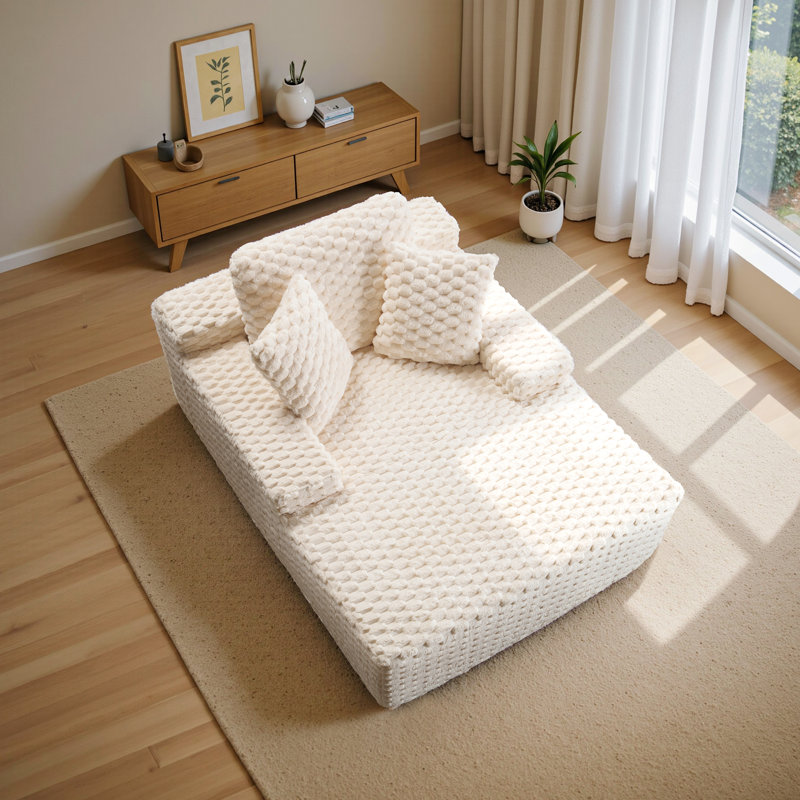 Méridienne 67 po avec accoudoirs et coussins décoratifs en fausse fourrure, canapé-lit sans assemblage pour salon ou appartement, blanc