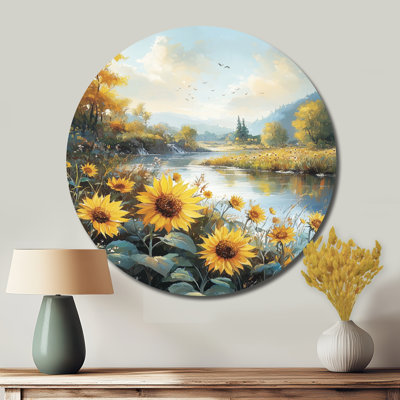 Automne tournesols au bord de la rivière I - Art mural rond en métal tournesols