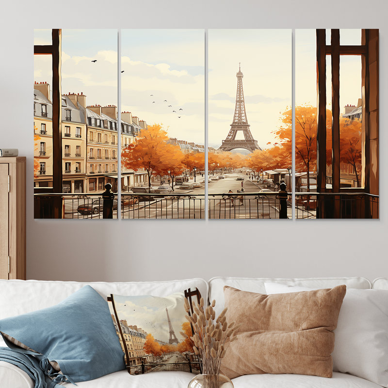 Tour Eiffel rustique Paris, vue de fenêtre III - ensemble d'art mural 4 pièces Paris, H 32 po x l 64 po