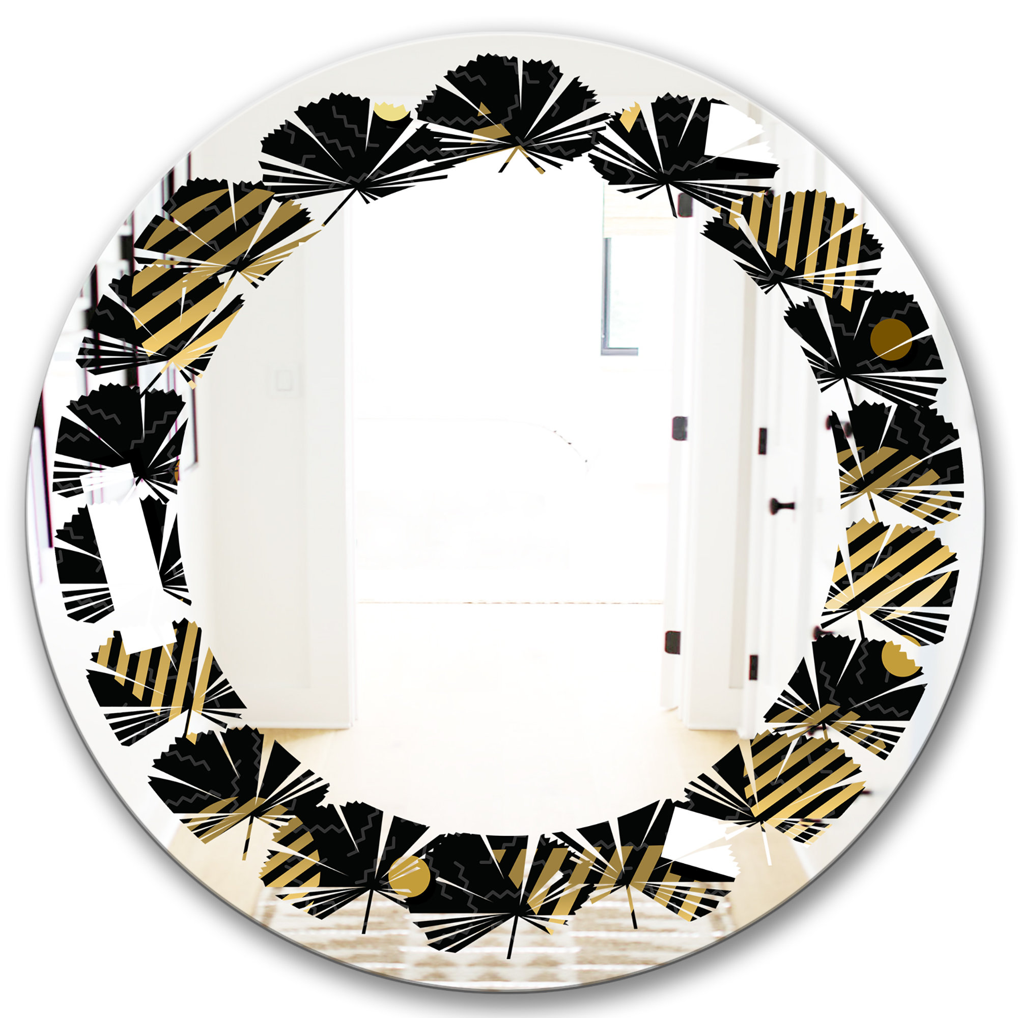 East Urban Home Leaves Circular Pattern Modern Frameless Wall Mirror ...