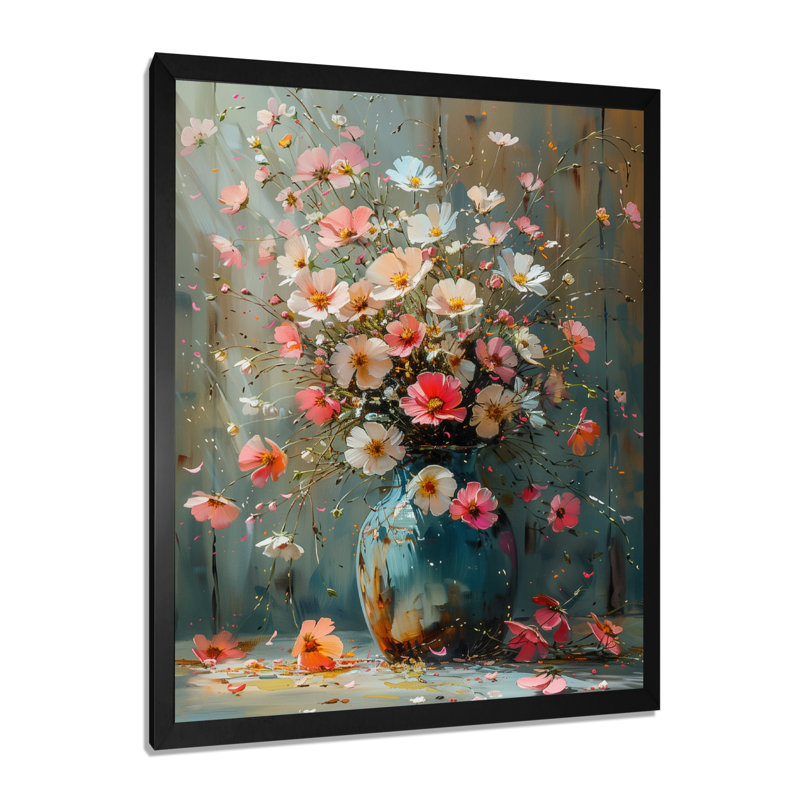 Rose et blanc, bouquet d'or dans un vase III - Buttercups, impression d'art mural, Toile encadrée noire simple