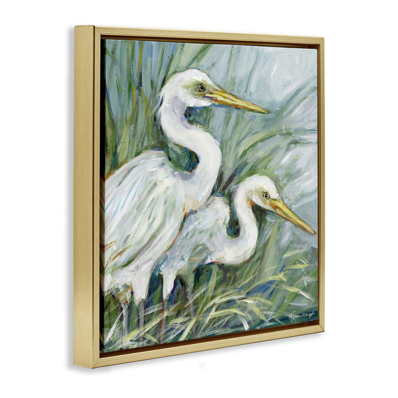 Art mural sur toile White Herons Habitat, design par Susan Winget, H 25 po x l 25 po, Cadre flottant gris lustré