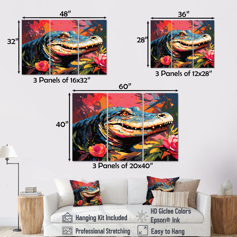 Pop Art alligator Blooms II - crocodile, art mural, Toile tendue, H 40 po x l 61 po