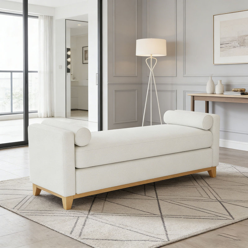 Solid Wood Upholstered Bench, 66.34 inch, Beige+Natural