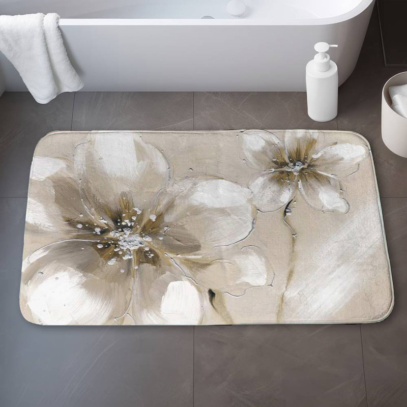 Two cream flowers Bath Mat with Non-Slip Backing - Quick Dry Memory Foam Bathroom Rug - Absorbent - Modern Plush Spa-Style - Machine Washable