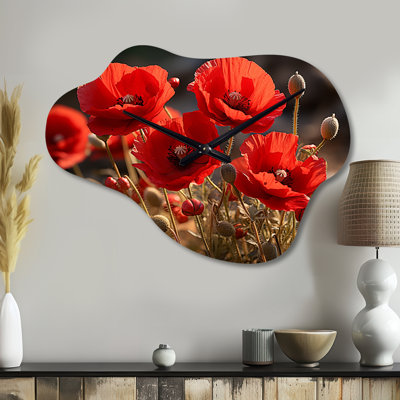 Red Poppies Field I - Poppies Asymmetrical Metal Wall Clock, Traditional Cloud Wall Clock Print