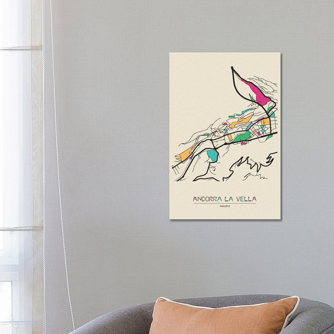 Andorra La Vella, Andorra Map by Ayse Deniz Akerman - Print on Canvas