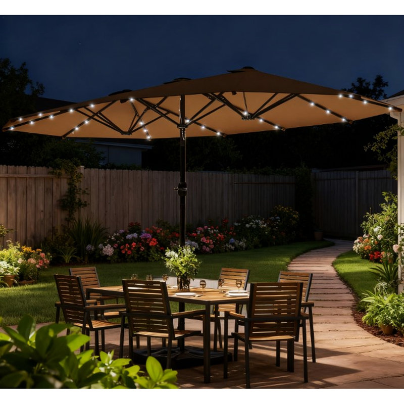 Parasol de patio à double auvent avec 36 lumières à DEL solaires, cadre en acier et 12 nervures pour une stabilité accrue, système à manivelle à ouverture rapide pour l'extérieur - conception à côtés, auvent, lumières sur les nervures, réglage facile
