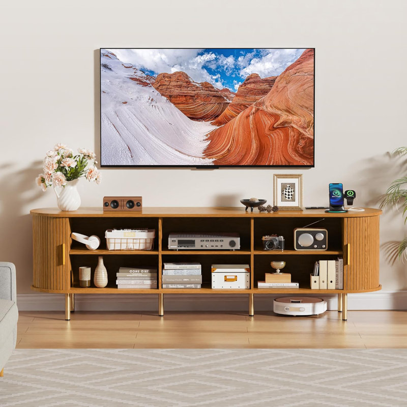 71" TV Stand For Tvs Up To 75", TV Console With Sliding Doors For Living Room, Yellow Walnut, 21.65"H x 71"L x 15.74"W