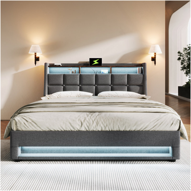 Lit plateforme tapissier double avec système de rangement hydraulique, chargement DEL et USB, gris (sans matelas), Gris