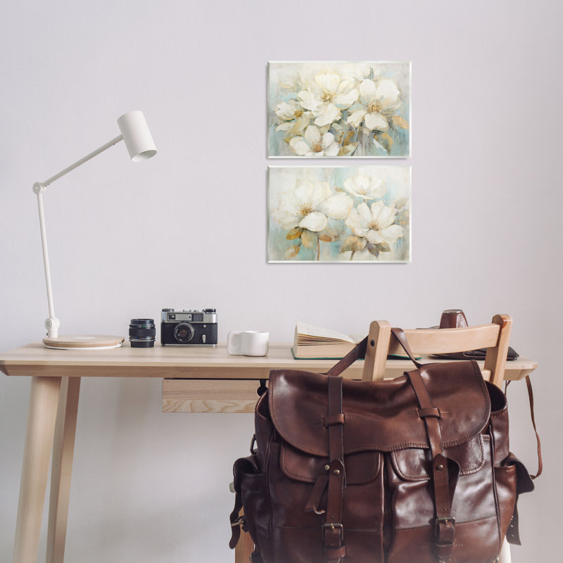 Ensemble de 2 plaques murales mixtes de fleurs blanches subtiles, design par Andrea Haase, H 10 po x l 15 po
