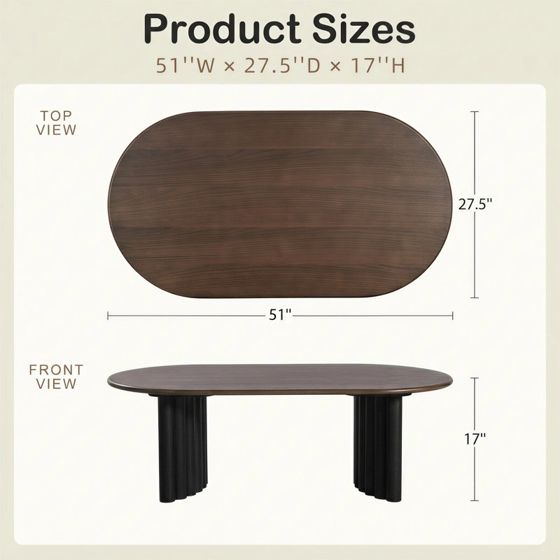 Table basse ovale de 51 po en bois massif avec double socle â€“ Table de centre moderne pour le salon, Black Top/Walnut Base