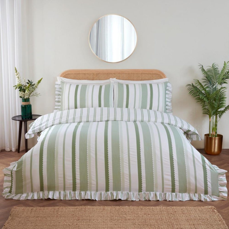 Cotton Blend Striped Duvet Cover Set, Green, Double