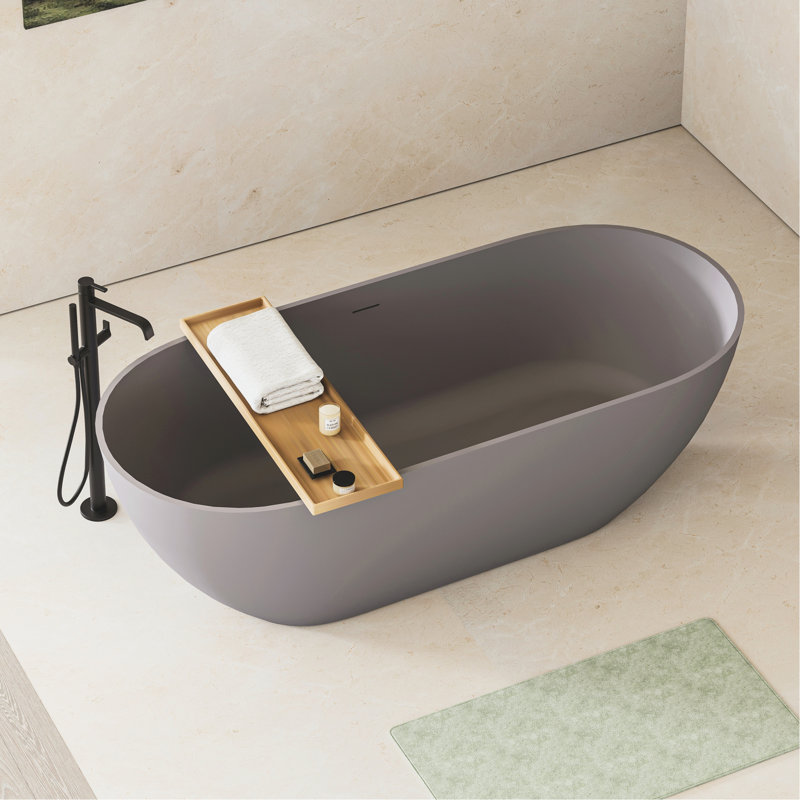 Spacieuse, autoportante, 63 po, baignoire de trempage, gris mat, surface solide, trop-plein, bonde escamotable, conception 63 po, couleur grise, bonde escamotable