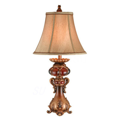 Lampe de table haute en polyrésine 31 "avec finition rouge et brune, abat-jour en lin