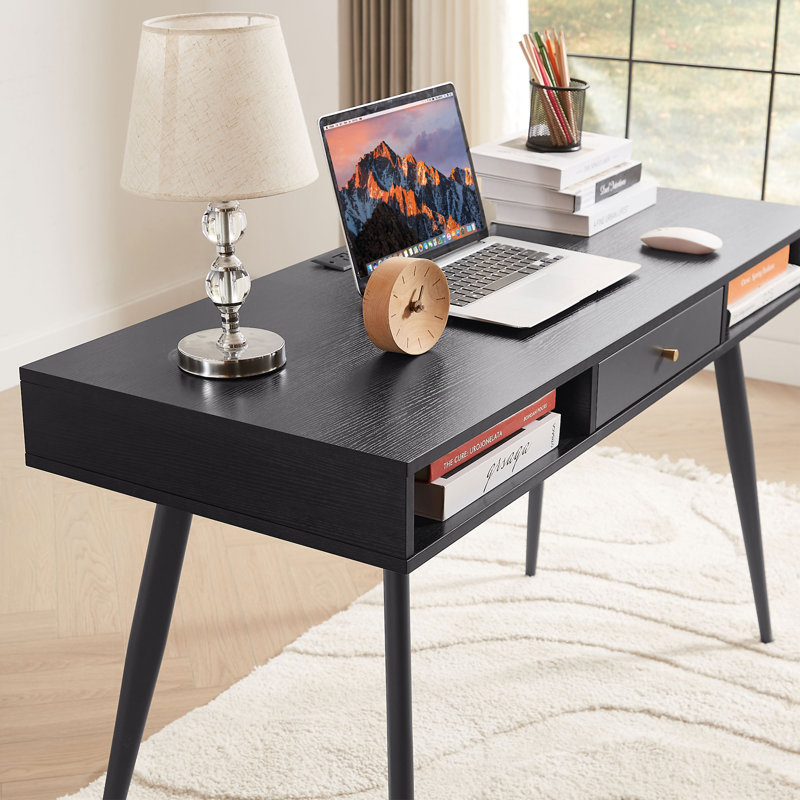 Mid Century Desk With USB Ports And Power Outlet (Not Including Office Chairs), Black