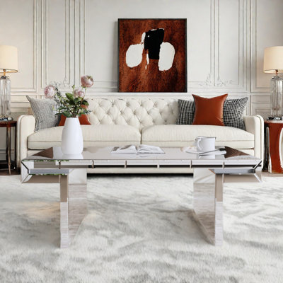 Table basse de luxe à miroir rectangulaire avec verre trempé cannelé et bords arrondis