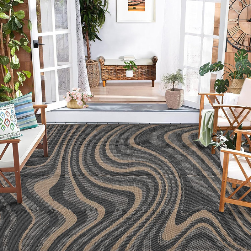 9X18 Outdoor Rug, Waterproof Camping Rugs For Outside Your RV, Abstract Plastic Straw Rug With Portable Bag, Reversible UV Resistant Mats For Picnic Backyard Porch, Black Coffee
