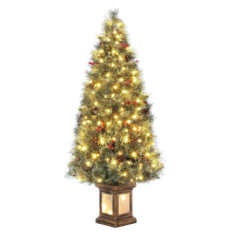 Arbre de Noël artificiel illuminé 4,5 pi avec aiguilles de pin, arbre de Noël pré-éclairé avec 108 lumières blanches chaudes, branches articulées et base rétro classique et élégante en pot, parfait pour un décor festif