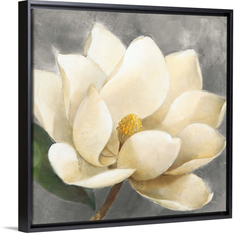 Magnolias Blossom On Grey - Painting on Canvas, Black Framed, 36" H x 36" W x 1.25" D