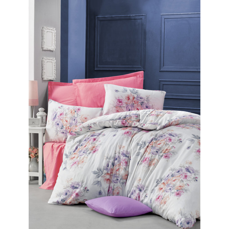 Ensemble de housse de couette 100% coton blanc / rose / mauve / orange / gris Naveen