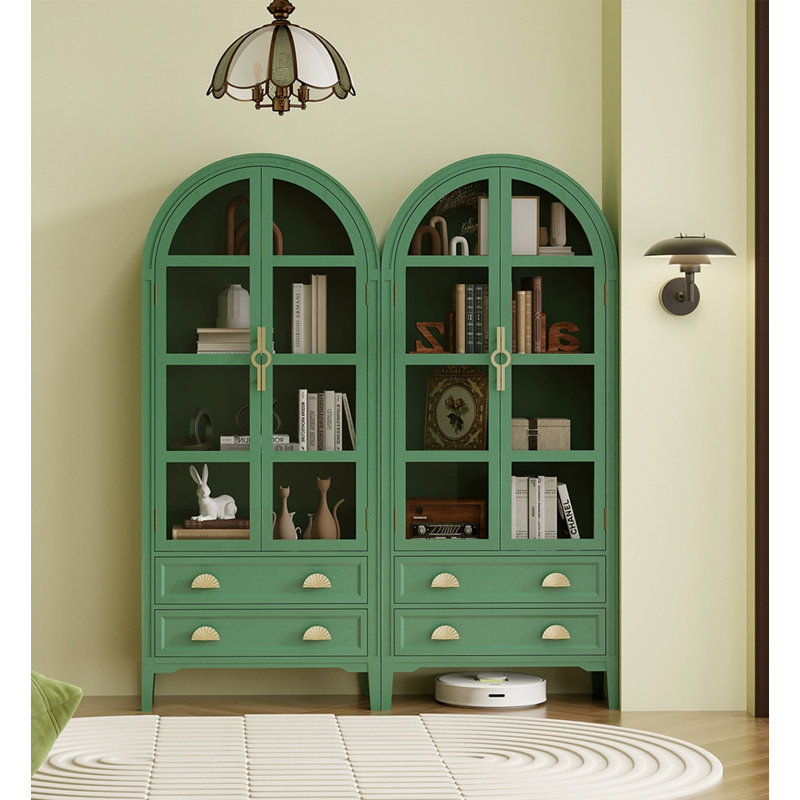Bibliothèque moderne en bois d'hévéa avec portes en verre et tiroirs de rangement