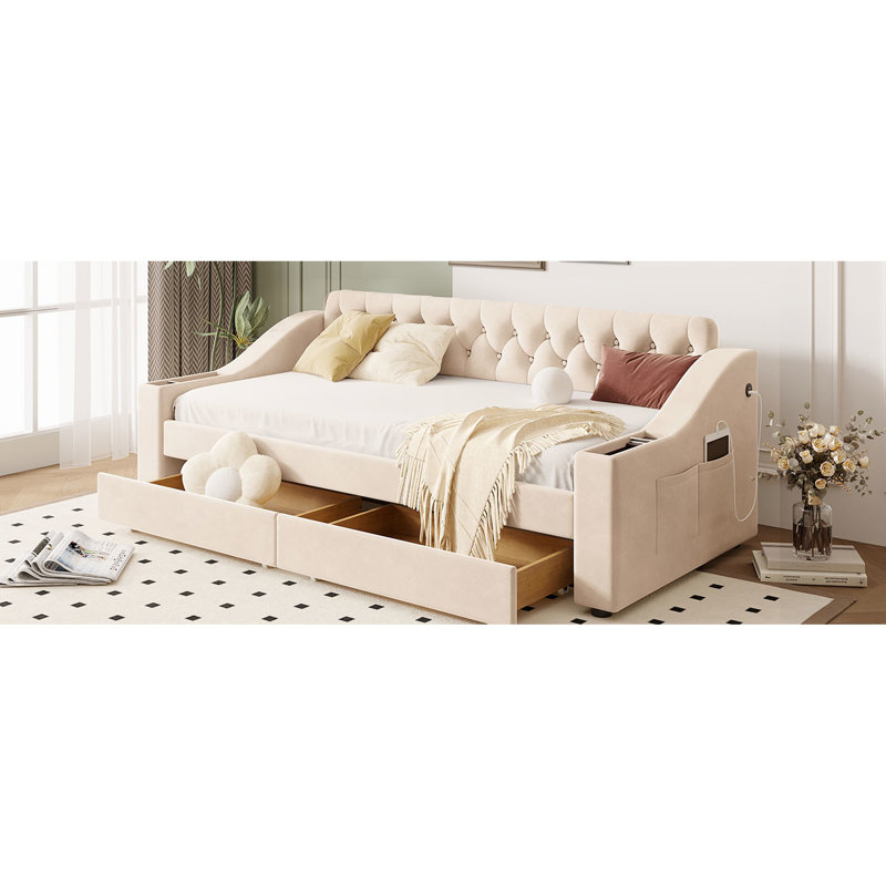 Lit de jour simple beige avec rangement pour accoudoirs et point de charge