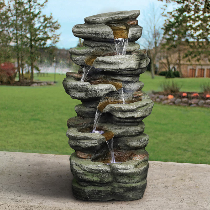 Fountains 6-Tier LED Indoor Outdoor Rock Waterfall Fountain, For Patio Garden | Resin | Rock Waterfall