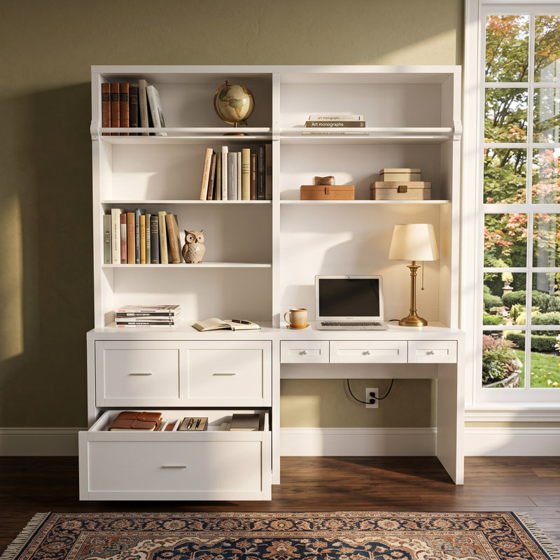 Bureau Ziggie blanc de 196 cm de large avec tablette supérieure, meuble mural pour bureau à domicile avec étagères ouvertes, tiroirs et trousse anti-basculement