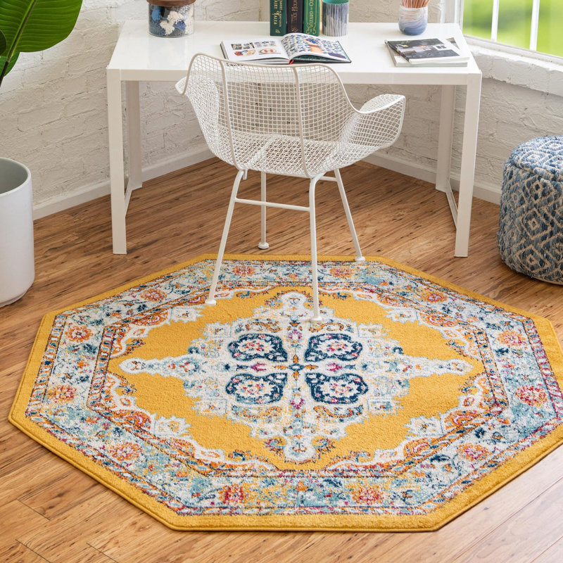 Tapis oriental jaune Armgard, Octogone 7 pi 10 po x 7 pi 10 po
