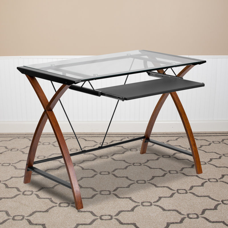 Glass Computer Desk with Pull-Out Keyboard Tray and Crisscross Frame, Clear/Wood Grain