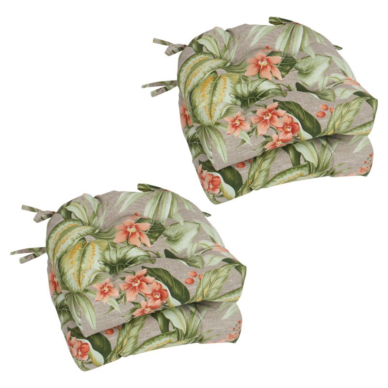 16-Inch Rounded Back Outdoor Tufted Chair Cushions (Set Of 4), Tan/Pink/Tahiti Sunrise Floral