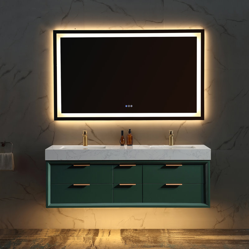 Lumino 60" Modern Wall Mounted Double Sink Bathroom Vanity with Engineered Stone Top, LED Light, 6 Soft Close Drawers, Green
