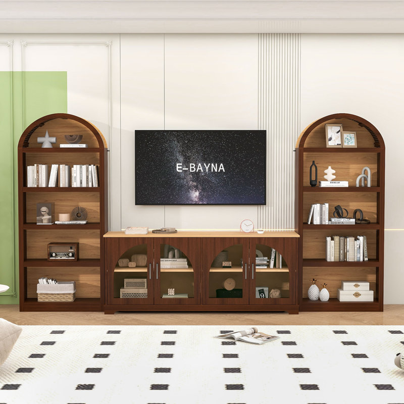 Ensemble de meuble télé modulaire 3 pièces avec portes arquées en verre trempé, tablettes réglables et armoires ouvertes