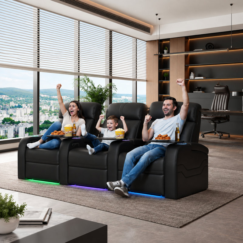 Fauteuil de cinéma maison Mizpah Dual Power en cuir véritable, inclinable électriquement, avec éclairage d'ambiance DEL 7 couleurs et confort zéro gravité