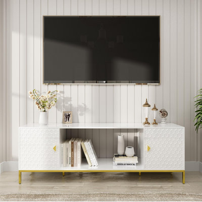 Meuble télé 70 po, meuble multimédia en bois robuste avec rangement et tablettes ouvertes pour le salon, design moderne (blanc)