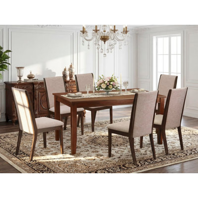 Ensemble de table de salle à manger 7 pièces composé d'une table de cuisine rectangulaire et de 6 chaises de salle à manger Parson en tissu brun clair clair, acajou