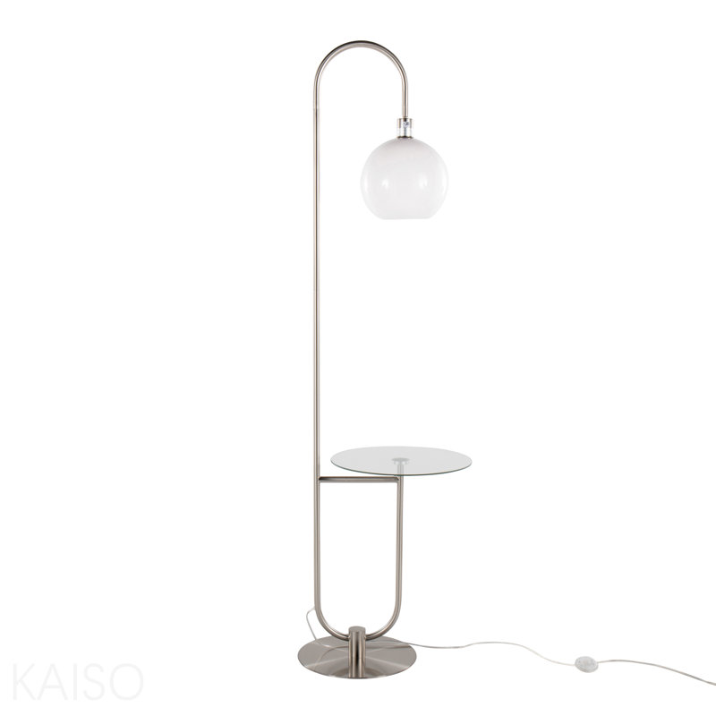 Lampe sur pied trombone contemporaine en métal nickelé avec tablette en verre transparent