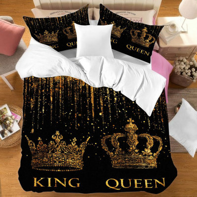 3Pcs Luxury Royal Crown Print Bedding Premium Microfiber Gold Black Duvet Cover Modern Elegant King Queen Design Master Bedroom Guest Room Decor Home Decoration