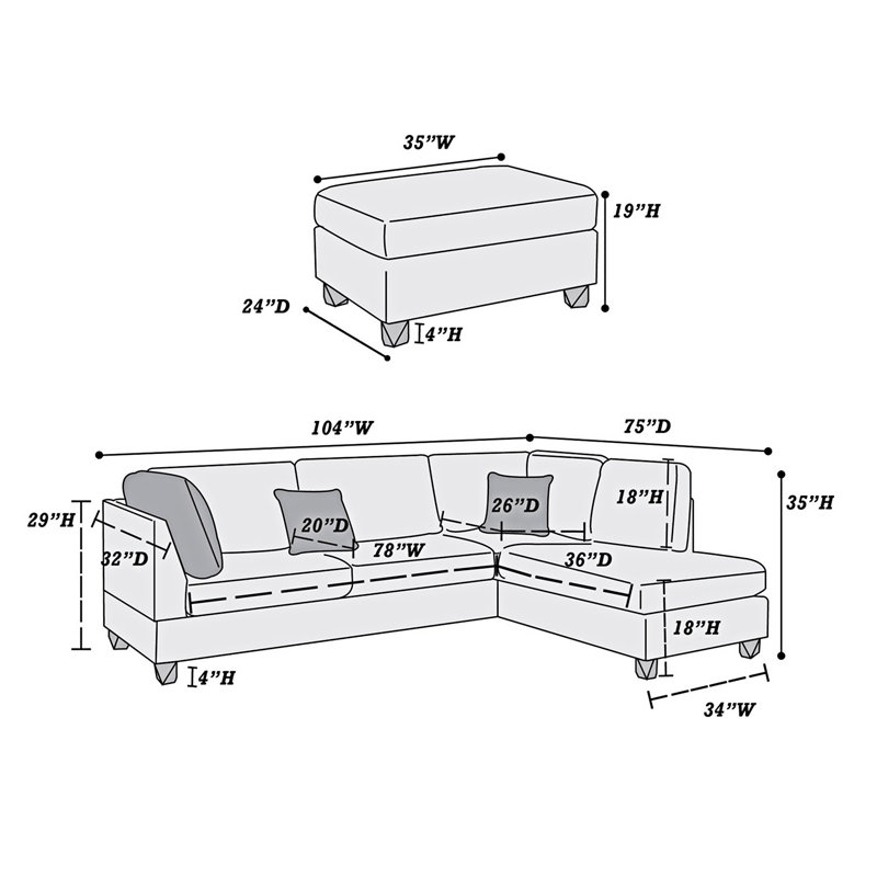 Canapé modulaire réversible avec repose-pieds, Gris