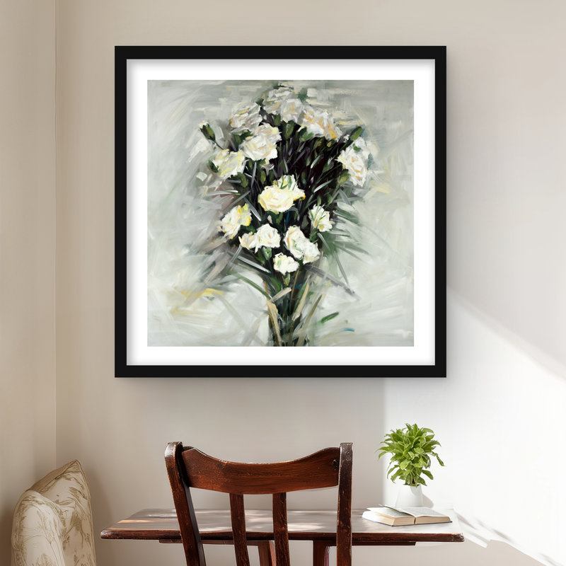 Lisianthus White Bouquet - reproduction encadrée avec passe-partout | Décoration intérieure