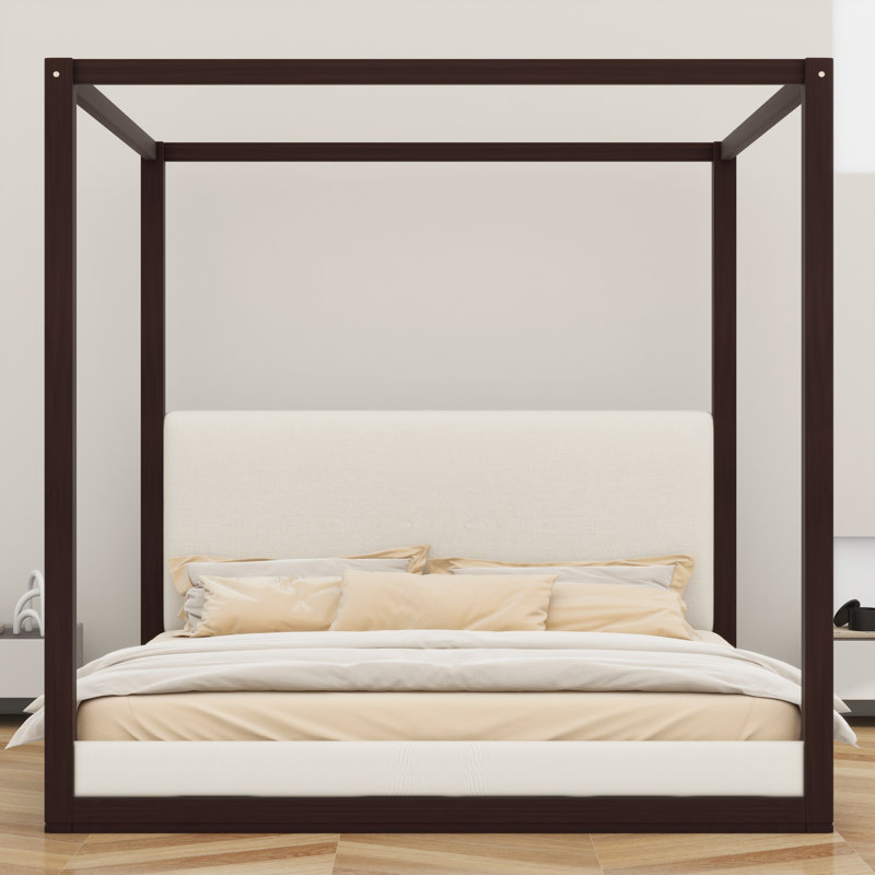 Lit plateforme à baldaquin en bois durable avec tête de lit tapissier, King, Espresso