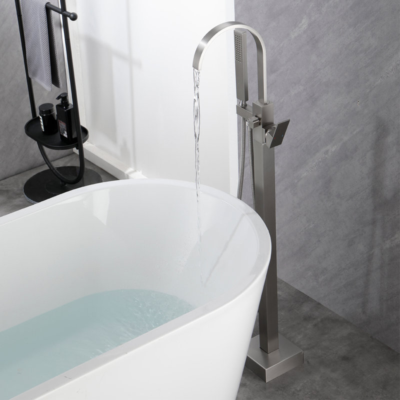 Robinet de baignoire autoportant à poignée simple avec douche à main, Nickel brossé