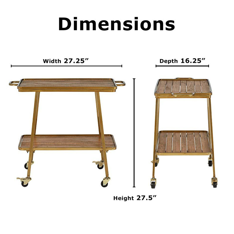 Felix Gold and Wood 2-Tier Rolling Bar Cart