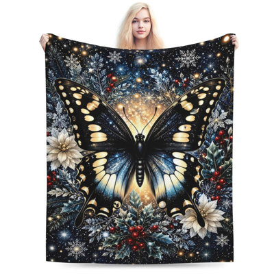Couverture de Noël avec flocons de neige et papillons d'hiver | Jeté en flanelle ultra douce, couverture de voyage, climatisation pour canapé toutes saisons, 50 x 60 po