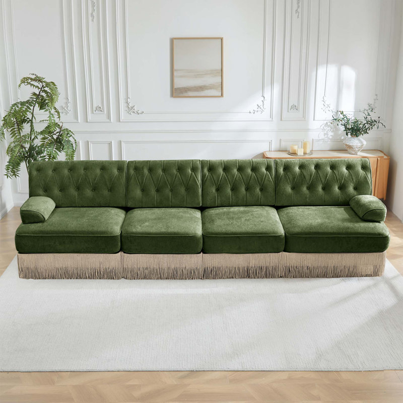 Canapé modulaire de style Chesterfield avec capitonnage à boutons et jupe à pampilles, Green